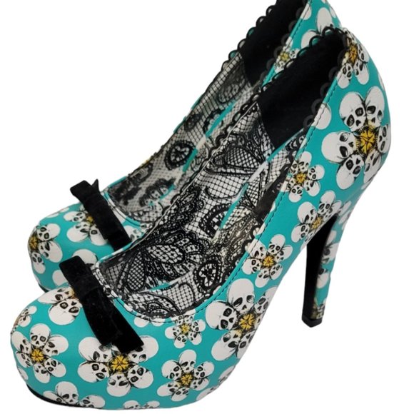 IRON FIST- Platform Pumps Turquoise Skull Daisy Pattern NWOT SZ 5M - Picture 5 of 6